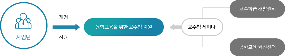 사업단에서 융합교육을 위한 교수법을 지원 : 교수법은 교수학습 개발센터와 공학교육 혁신샌터에서 지정