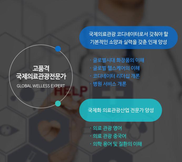 국제의료관광 코디네이터로서 갖춰야 할 기본적인 소양과 실력을 갖춘 인재를 양성하며, 국제화 의료관광산업 전문가를 양성 합니다.